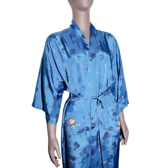 Vintage Embroidered Kimono Robe Floral Tie Waist Boho Loungewear - Picture 4 of 5